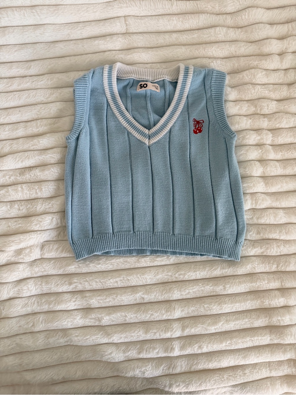 SO Light Blue V-Neck Knit Sweater Vest with White Trim and Red Embroidery